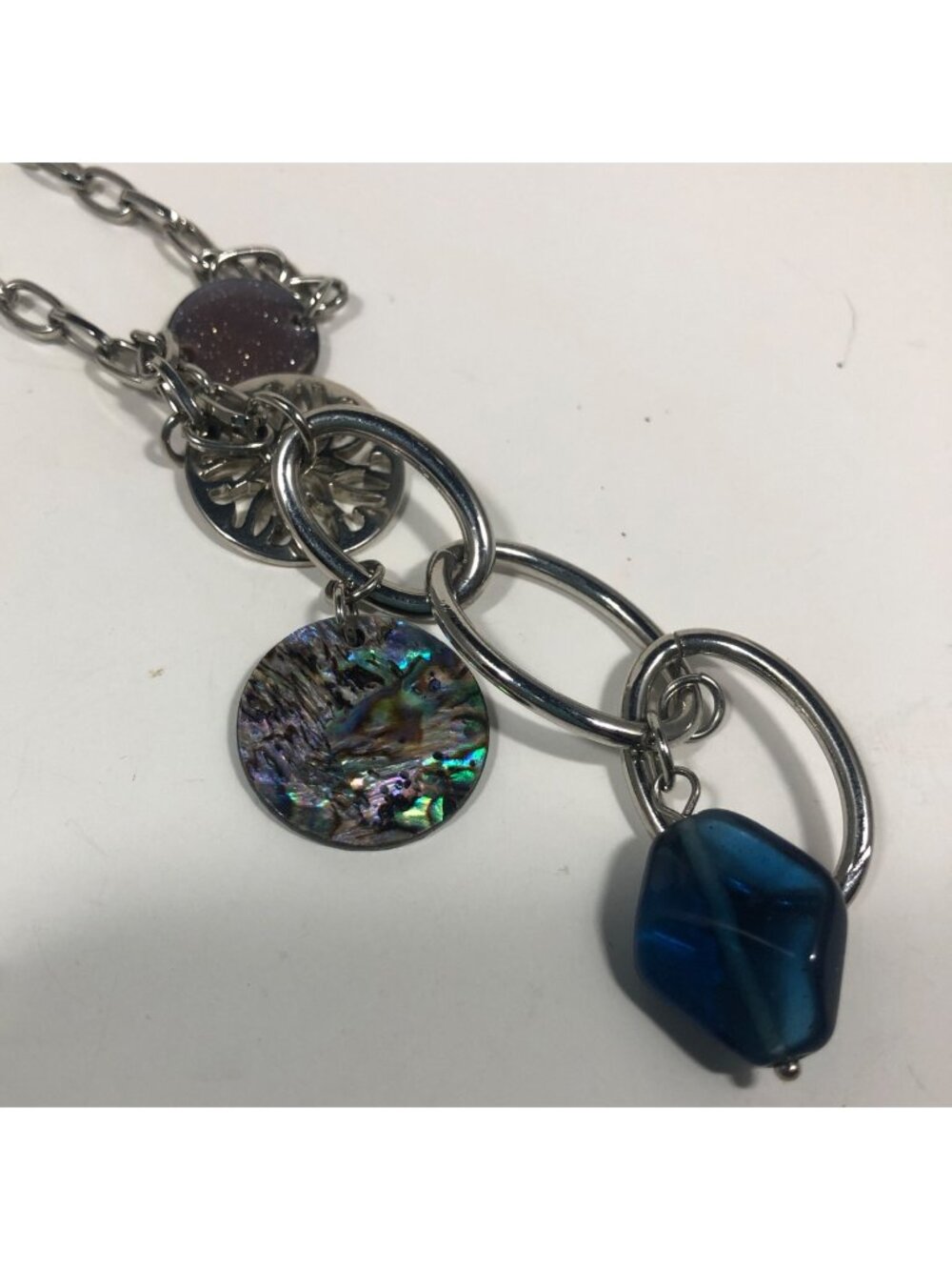 Lia Sophia Necklace Neptune Windsong Abalone Blue Glass Silver Tone 21-23 inches